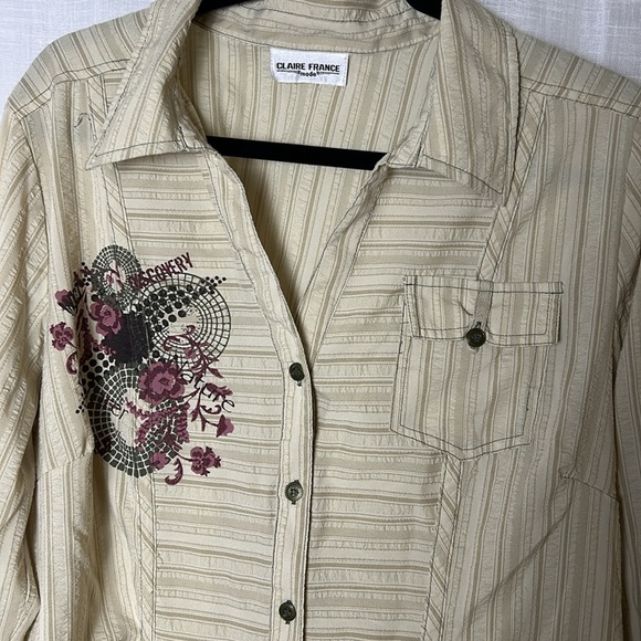 Claire France embroidered boho western shirt ,2X, cuff,multi print,seersucker EC - Picture 5 of 14
